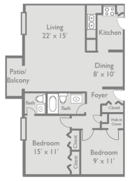 B2 floor plan of a two-bedroom apartment at Axis at Westmont