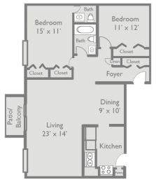 Axis at Westmont's B3 two bedroom apartment floor plan