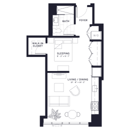 Lincoln Common Deming Junior One Bedroom Floor Plan at The Apartments at Lincoln Common, Illinois, 60614