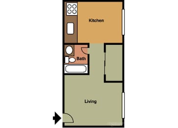 a floor plan of a studio apartment with a bedroom and a living room