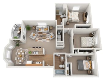a three bedroom apartment floor plan with virtual staging  at Quail Springs, Washington