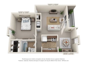1 bed 1 bath floor plan at Fairfield Pointe, Fairfield, OH, 45014