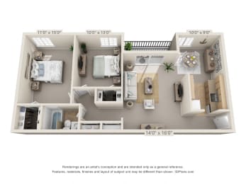 2 bed 1 bath floor plan A at Fairfield Pointe, Fairfield