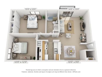 2 bed 1 bed B 3D floor plan of a 882 square foot 2 bedroom apartment  at Village East, Franklin