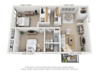2 bed 2 bed C floor plan of a 930 square foot 2 bedroom apartment at Village East, Franklin