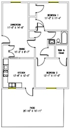  Floor Plan 2 Bedroom  1 Bath W/Patio