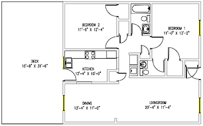  Floor Plan 2 Bedroom  1.5 Bath W/Deck
