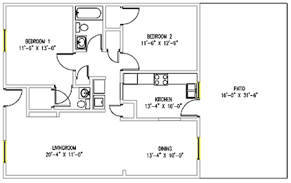 Floor Plan 2 Bedroom  1.5 Bath W/Patio