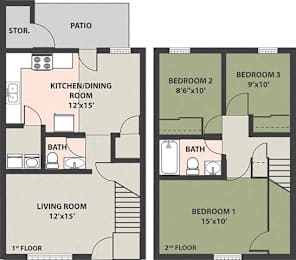  Floor Plan 3-Bed, 1-1/2-Bath Townhome