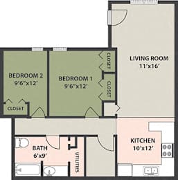 Floor Plan 2-Bedroom, 2-Bath
