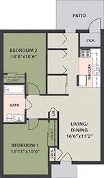  Floor Plan 2-Bed, 1-Bath Garden