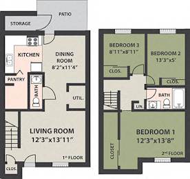  Floor Plan 3-Bedroom, 1 1/2-Bath