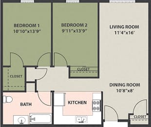  Floor Plan 2-Bedroom, 1-Bath