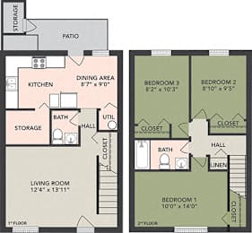  Floor Plan 3-Bedroom, 1 1-2-Bath