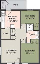  Floor Plan 2-Bedroom, 1-Bath