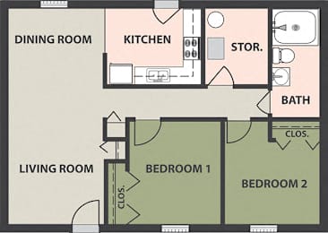  Floor Plan 2-Bedroom, 1-Bath