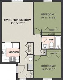  Floor Plan 2-Bedroom, 1-Bath