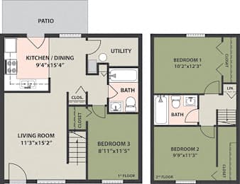  Floor Plan 3-Bedroom, 2-Bath