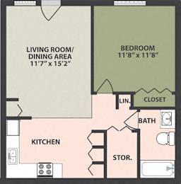  Floor Plan 1-Bedroom, 1-Bath
