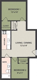  Floor Plan 2-Bedroom, 1-Bath