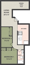  Floor Plan 2-Bedroom, 1-Bath