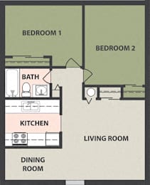  Floor Plan 2-Bedroom, 1-Bath
