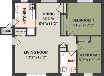  Floor Plan 2-Bedroom, 1-Bath