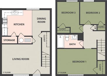  Floor Plan 3-Bedroom, 1-Bath