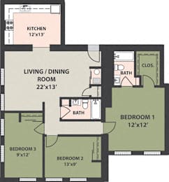  Floor Plan 3-Bedroom, 2-Bath