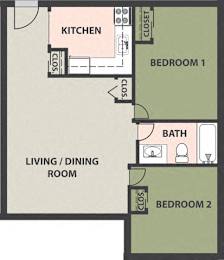  Floor Plan 2-Bedroom, 1-Bath