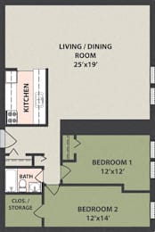  Floor Plan 2-Bedroom, 1-Bath
