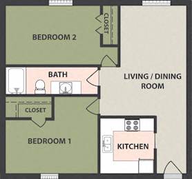  Floor Plan 2-Bedroom, 1-Bath