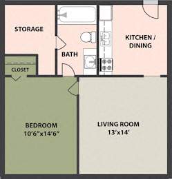  Floor Plan 1-Bedroom, 1-Bath