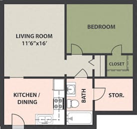  Floor Plan 1-Bedroom, 1-Bath