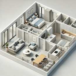 a 3d floor plan of a house with a bedroom and a living room