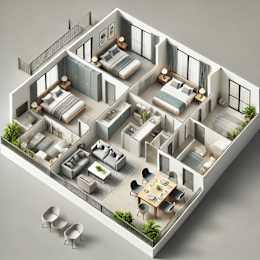 a 3d floor plan of a house with bedrooms and a living room