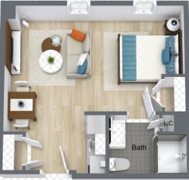 a 3d drawing of a bedroom with a bathroom and a living room