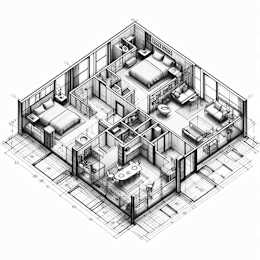 a 3d drawing of a house with a bedroom and living room