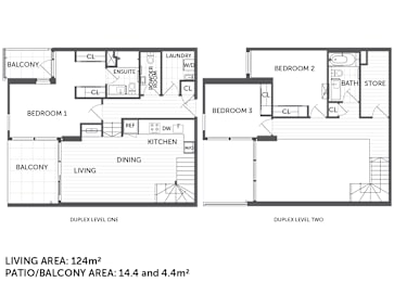 Floor Plan  A floor plan of a two-level duplex with living areas and balconies.