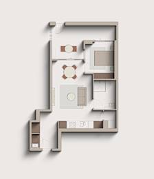 A floor plan of a house with a kitchen, living room, and two bathrooms.