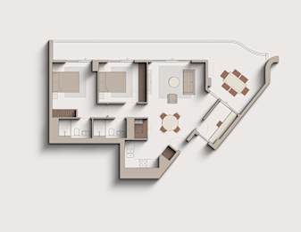 A floor plan of a house with a kitchen, living room, and two bedrooms.