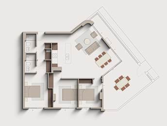 A floor plan of a house with a kitchen, living room, and two bedrooms.