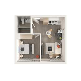 A small apartment with a kitchen, living room, and bathroom.