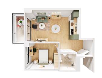 A small white kitchen with a table and chairs.