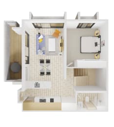 a 3d rendering of a residential floor plan with a bedroom and a bathroom