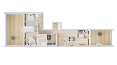 A white and beige kitchen layout with a sink, stove, and refrigerator.