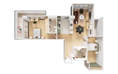 A white and wood floor plan of a house with a kitchen, living room, and bedrooms.