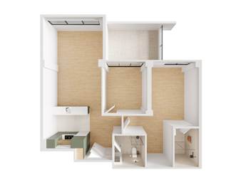 A white and beige model of a house with a kitchen and bathroom.