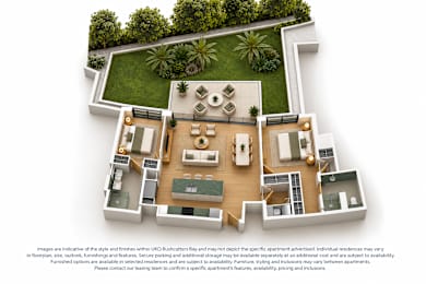 A top-down view of a residential layout with a central courtyard and surrounding rooms.