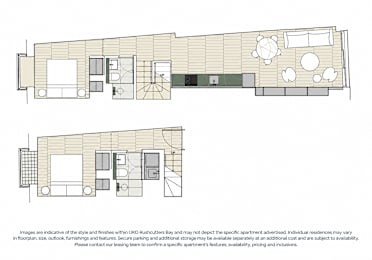 A floor plan of a residential apartment with two bedrooms, a living room, a kitchen, and a bathroom.